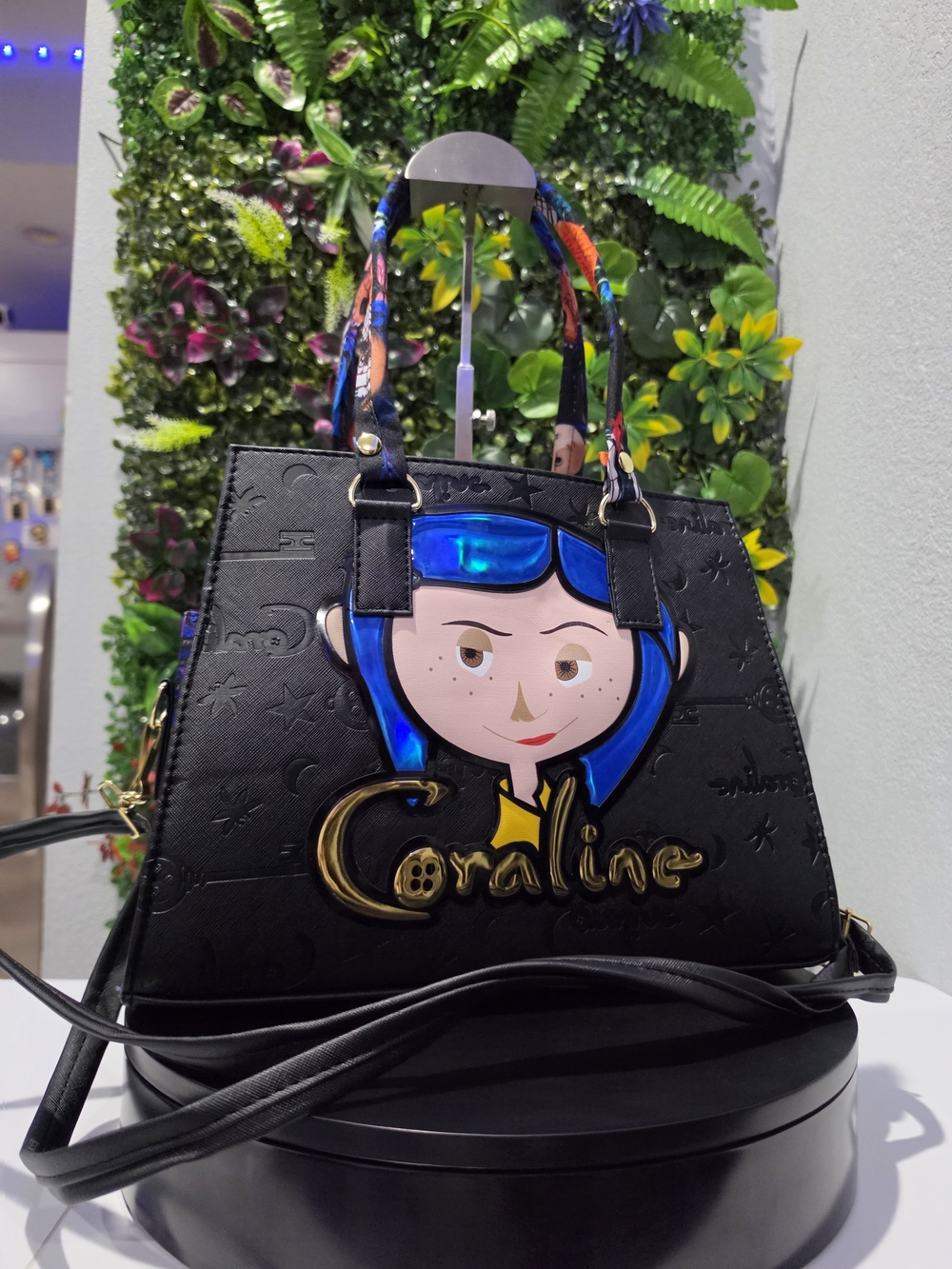 New Black Graphic Top-Handle Satchel with Blue Detail